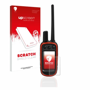 Parte frontal de un envase de producto con el logotipo de la marca upscreen. Al lado se muestra el dispositivo Garmin Alpha 10