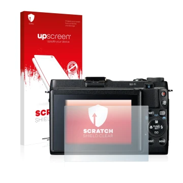 Parte frontal de un envase de producto con el logotipo de la marca upscreen. Al lado se muestra el dispositivo Canon PowerShot