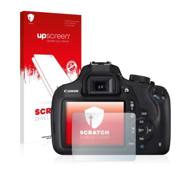 Parte frontal de un envase de producto con el logotipo de la marca upscreen. Al lado se muestra el dispositivo Canon EOS 1200D