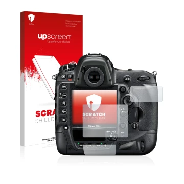 Parte frontal de un envase de producto con el logotipo de la marca upscreen. Al lado se muestra el dispositivo Nikon D4S con s
