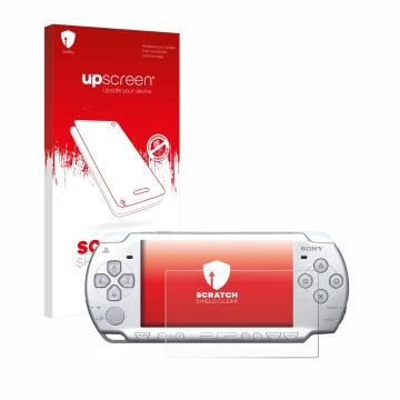 Parte frontal de un envase de producto con el logotipo de la marca upscreen. Al lado se muestra el dispositivo Sony PSP 2004 c