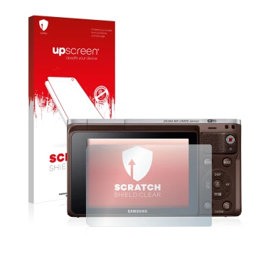 Parte frontal de un envase de producto con el logotipo de la marca upscreen. Al lado se muestra el dispositivo Samsung NX Mini