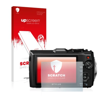 Parte frontal de un envase de producto con el logotipo de la marca upscreen. Al lado se muestra el dispositivo Olympus Stylus 