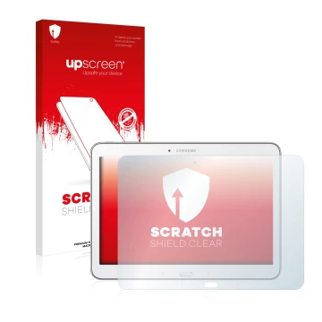Parte frontal de un envase de producto con el logotipo de la marca upscreen. Al lado se muestra el dispositivo Samsung Galaxy 