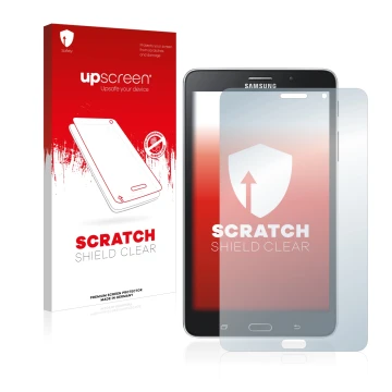 Parte frontal de un envase de producto con el logotipo de la marca upscreen. Al lado se muestra el dispositivo Samsung Galaxy 