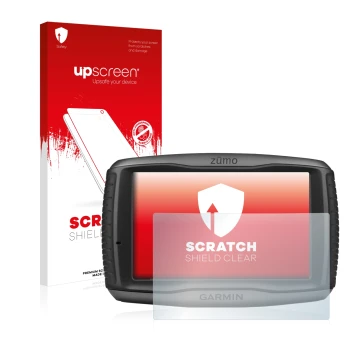 Parte frontal de un envase de producto con el logotipo de la marca upscreen. Al lado se muestra el dispositivo Garmin zumo 590