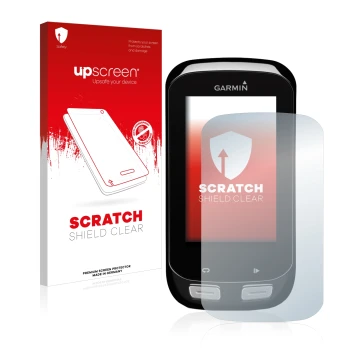 Parte frontal de un envase de producto con el logotipo de la marca upscreen. Al lado se muestra el dispositivo Garmin Edge 100