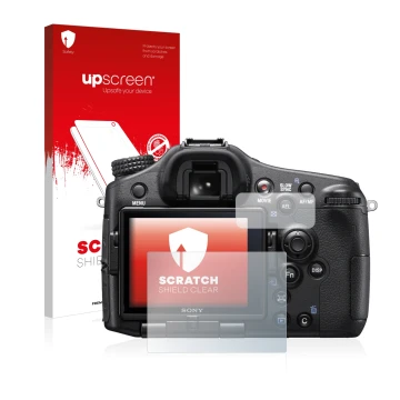 Parte frontal de un envase de producto con el logotipo de la marca upscreen. Al lado se muestra el dispositivo Sony Alpha 77 I