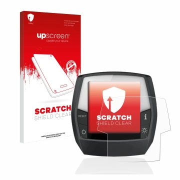Parte frontal de un envase de producto con el logotipo de la marca upscreen. Al lado se muestra el dispositivo Bosch Intuvia P