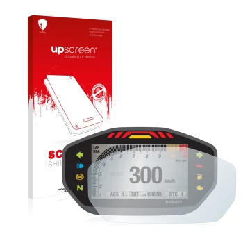 Parte frontal de un envase de producto con el logotipo de la marca upscreen. Al lado se muestra el dispositivo Ducati Monster 