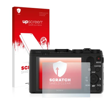 Parte frontal de un envase de producto con el logotipo de la marca upscreen. Al lado se muestra el dispositivo Sony Cyber-Shot