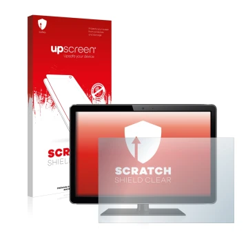 Parte frontal de un envase de producto con el logotipo de la marca upscreen. Al lado se muestra el dispositivo con su protecto