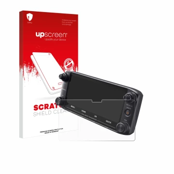 Parte frontal de un envase de producto con el logotipo de la marca upscreen. Al lado se muestra el dispositivo Icom ID-5100 co
