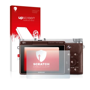 Parte frontal de un envase de producto con el logotipo de la marca upscreen. Al lado se muestra el dispositivo Samsung NX3000 