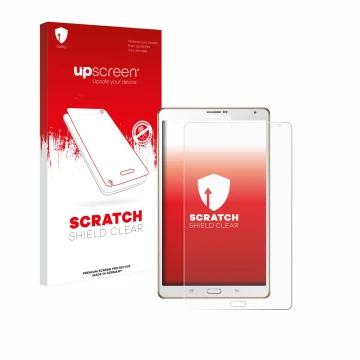Parte frontal de un envase de producto con el logotipo de la marca upscreen. Al lado se muestra el dispositivo Samsung Galaxy 
