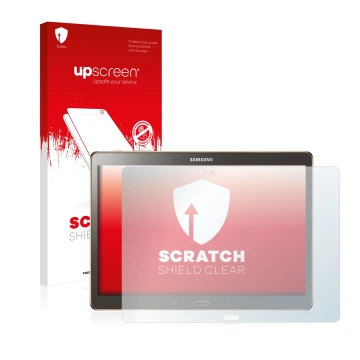 Parte frontal de un envase de producto con el logotipo de la marca upscreen. Al lado se muestra el dispositivo Samsung Galaxy 