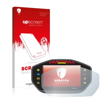 Parte frontal de un envase de producto con el logotipo de la marca upscreen. Al lado se muestra el dispositivo Ducati Monster 