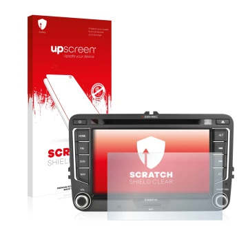 Parte frontal de un envase de producto con el logotipo de la marca upscreen. Al lado se muestra el dispositivo Zenec Z-E2015 c