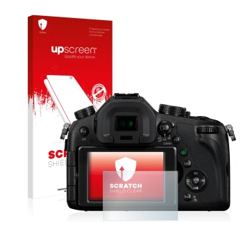 Parte frontal de un envase de producto con el logotipo de la marca upscreen. Al lado se muestra el dispositivo Panasonic Lumix