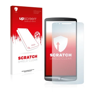 Parte frontal de un envase de producto con el logotipo de la marca upscreen. Al lado se muestra el dispositivo LG G3 Cat. 6 co