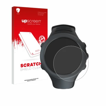 Parte frontal de un envase de producto con el logotipo de la marca upscreen. Al lado se muestra el dispositivo Suunto Ambit3 S