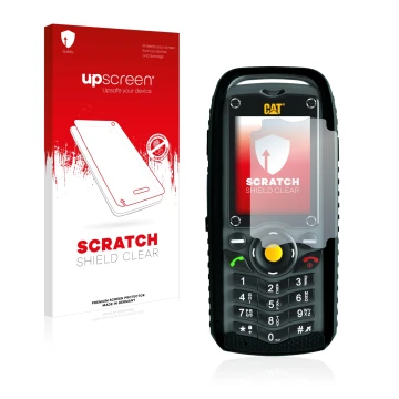 Parte frontal de un envase de producto con el logotipo de la marca upscreen. Al lado se muestra el dispositivo Caterpillar Cat