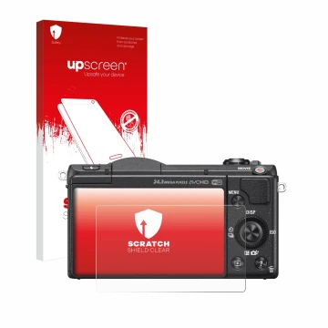 Parte frontal de un envase de producto con el logotipo de la marca upscreen. Al lado se muestra el dispositivo Sony Alpha 5100