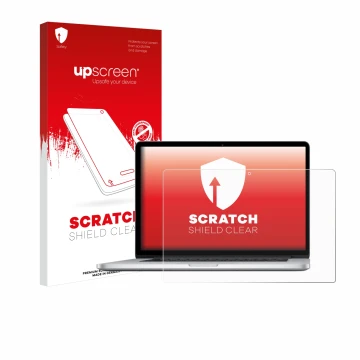 Parte frontal de un envase de producto con el logotipo de la marca upscreen. Al lado se muestra el dispositivo Apple MacBook P