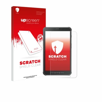 Parte frontal de un envase de producto con el logotipo de la marca upscreen. Al lado se muestra el dispositivo Samsung Galaxy 