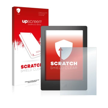 Parte frontal de un envase de producto con el logotipo de la marca upscreen. Al lado se muestra el dispositivo Kobo Aura H2O c
