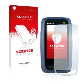 Parte frontal de un envase de producto con el logotipo de la marca upscreen. Al lado se muestra el dispositivo CompeGPS TwoNav