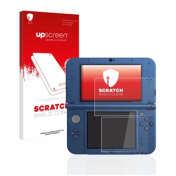 Parte frontal de un envase de producto con el logotipo de la marca upscreen. Al lado se muestra el dispositivo Nintendo New 3D
