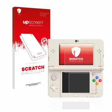 Parte frontal de un envase de producto con el logotipo de la marca upscreen. Al lado se muestra el dispositivo Nintendo New 3D