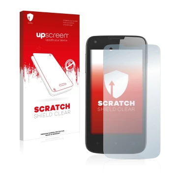 Parte frontal de un envase de producto con el logotipo de la marca upscreen. Al lado se muestra el dispositivo Prestigio Multi