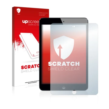 Parte frontal de un envase de producto con el logotipo de la marca upscreen. Al lado se muestra el dispositivo Apple iPad Mini