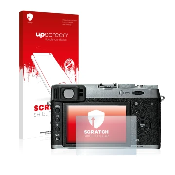 Parte frontal de un envase de producto con el logotipo de la marca upscreen. Al lado se muestra el dispositivo Fujifilm X100T 