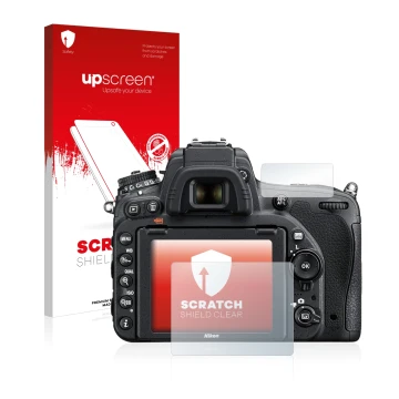 Parte frontal de un envase de producto con el logotipo de la marca upscreen. Al lado se muestra el dispositivo Nikon D750 con 