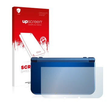 Parte frontal de un envase de producto con el logotipo de la marca upscreen. Al lado se muestra el dispositivo Nintendo New 3D