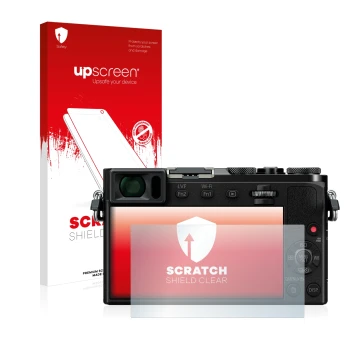 Parte frontal de un envase de producto con el logotipo de la marca upscreen. Al lado se muestra el dispositivo Panasonic Lumix