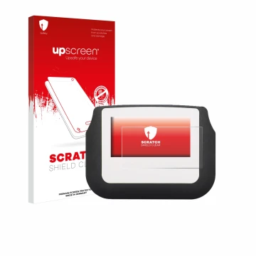 Parte frontal de un envase de producto con el logotipo de la marca upscreen. Al lado se muestra el dispositivo Signotec Signat