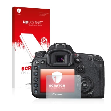 Parte frontal de un envase de producto con el logotipo de la marca upscreen. Al lado se muestra el dispositivo Canon EOS 7D Ma