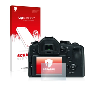 Parte frontal de un envase de producto con el logotipo de la marca upscreen. Al lado se muestra el dispositivo Leica V-LUX (Ty