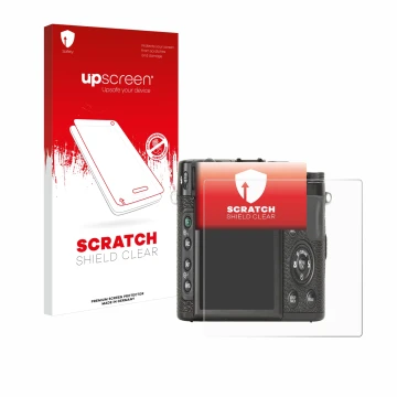 Parte frontal de un envase de producto con el logotipo de la marca upscreen. Al lado se muestra el dispositivo Fujifilm X10 co