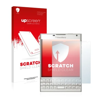 Parte frontal de un envase de producto con el logotipo de la marca upscreen. Al lado se muestra el dispositivo BlackBerry Pass