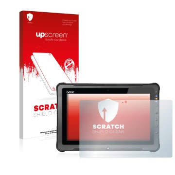 Parte frontal de un envase de producto con el logotipo de la marca upscreen. Al lado se muestra el dispositivo Getac F110 G5 c