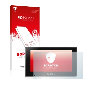 Parte frontal de un envase de producto con el logotipo de la marca upscreen. Al lado se muestra el dispositivo Garmin nüvi 269