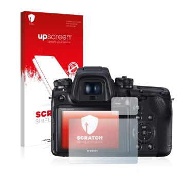 Parte frontal de un envase de producto con el logotipo de la marca upscreen. Al lado se muestra el dispositivo Samsung NX1 con