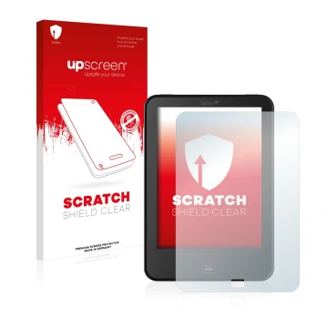 Parte frontal de un envase de producto con el logotipo de la marca upscreen. Al lado se muestra el dispositivo Tolino Vision 2