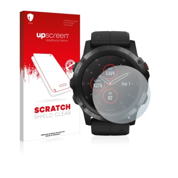 Parte frontal de un envase de producto con el logotipo de la marca upscreen. Al lado se muestra el dispositivo Suunto Ambit3 P