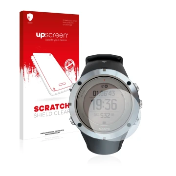 Parte frontal de un envase de producto con el logotipo de la marca upscreen. Al lado se muestra el dispositivo Suunto Ambit3 P